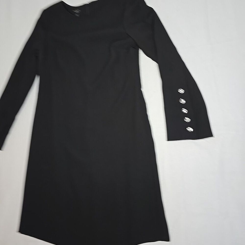 Talbots Size 6 Black Shift Dress‎ Crepe Long Sleeve Crystal Jeweled Buttons Cuff - Picture 12 of 13